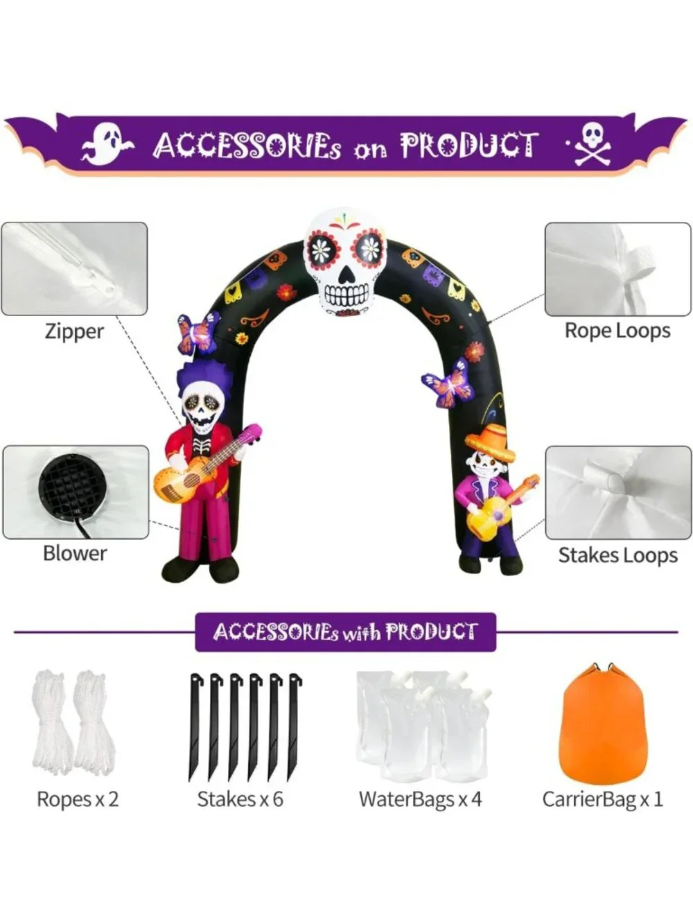 8FT Inflatable Halloween Archway with Skull & Skeleton, LED Decor for Yard Party